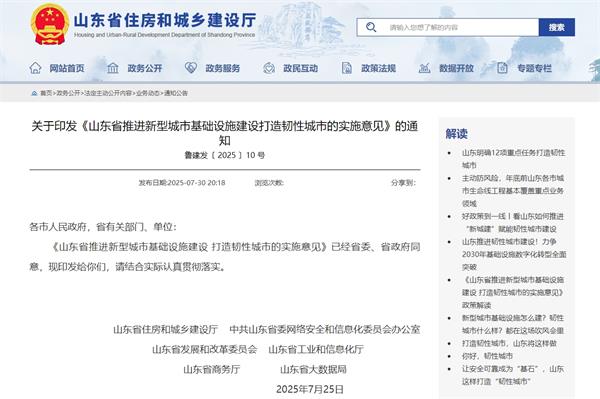 社会治理平台-关于印发《山东省推进新型城市基础设施建设打造韧性城市的实施意见》的通知